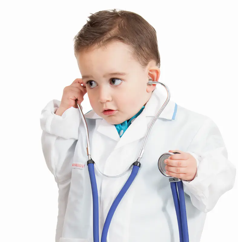 A young child in a medical gown holds a stethoscope to his ear.