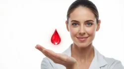 Woman in medical gown with blood drop symbol in the palm of her hand, illustration.